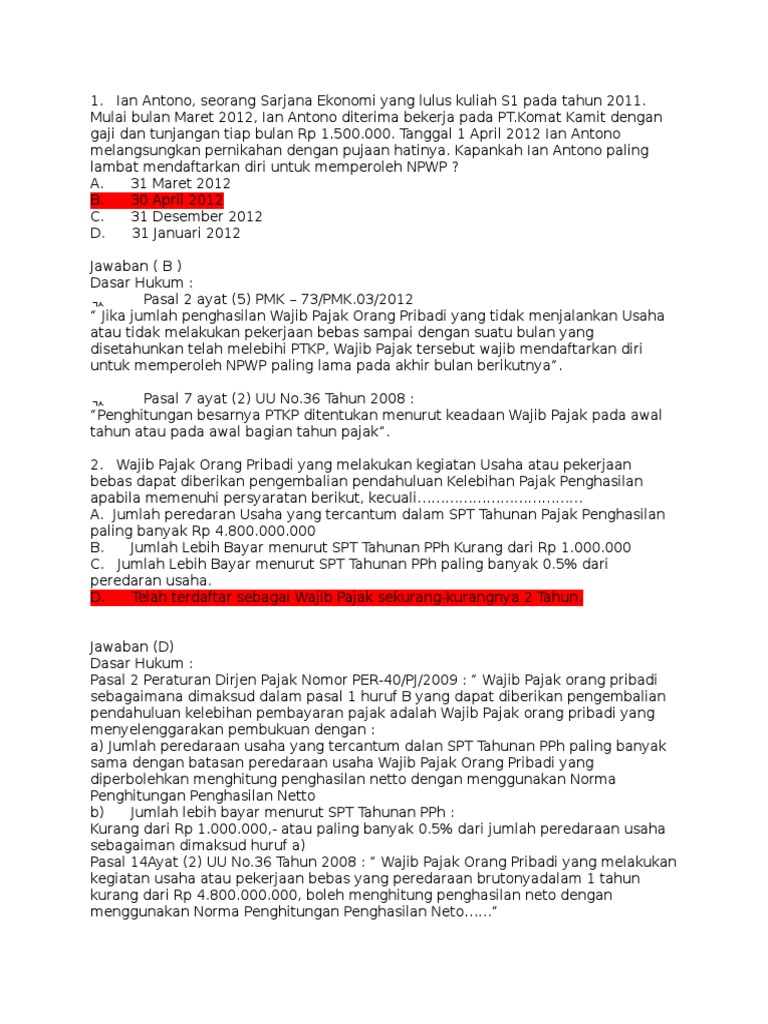 Contoh Soal Spt Tahunan Orang Pribadi Contoh Soal Terbaru
