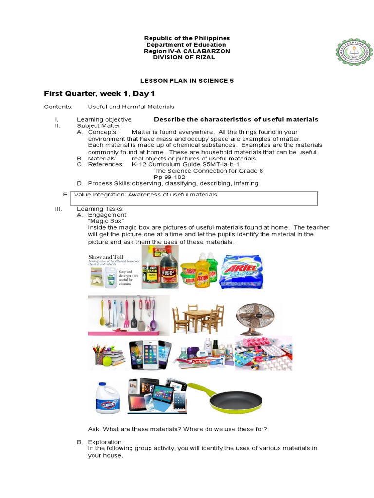 Grade 5 Lesson Plan: Useful & Harmful Materials | PDF | Nonverbal ...