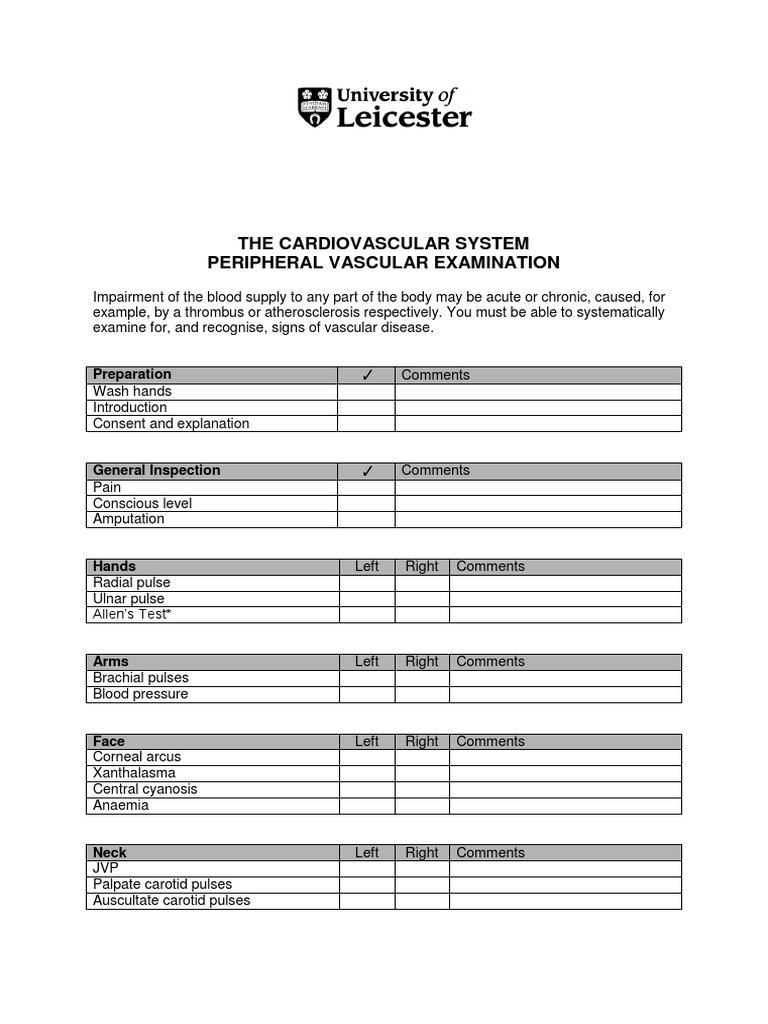 Peripheral Vascular Checklist | PDF | Pulse | Circulatory System
