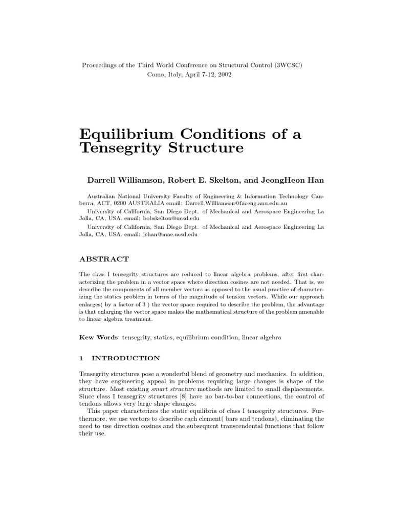Equilibrium Conditions of A Tensegrity Structure by Williamson, Skelton