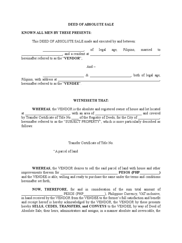 Deed of Absolute Sale (House and Lot) Conveyancing Lien