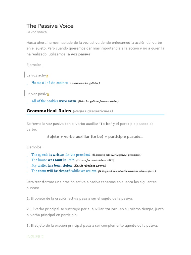 Reglas de la Voz Pasiva en Inglés | PDF | Verbo | Asunto (gramática)