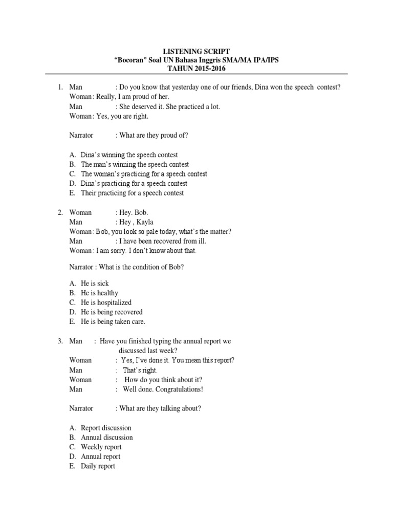 Listening Script Bocoran Soal UN Bahasa Inggris SMAMA IPA