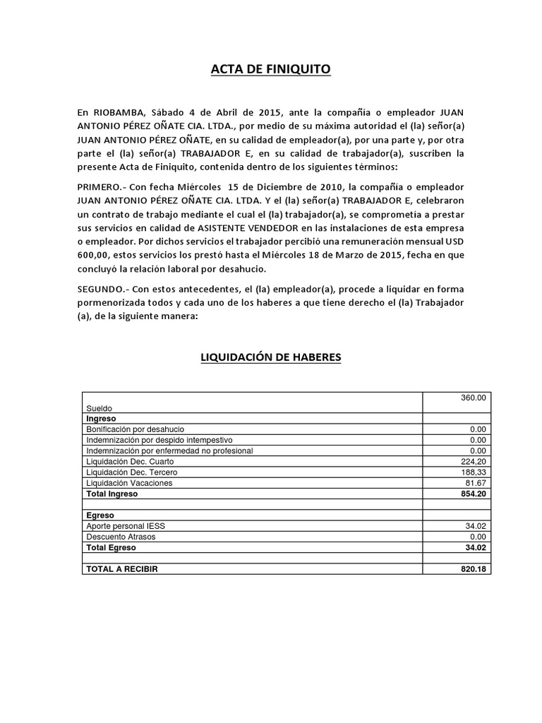 Acta de Finiquito por Desahucio | PDF | Finanzas y dinero