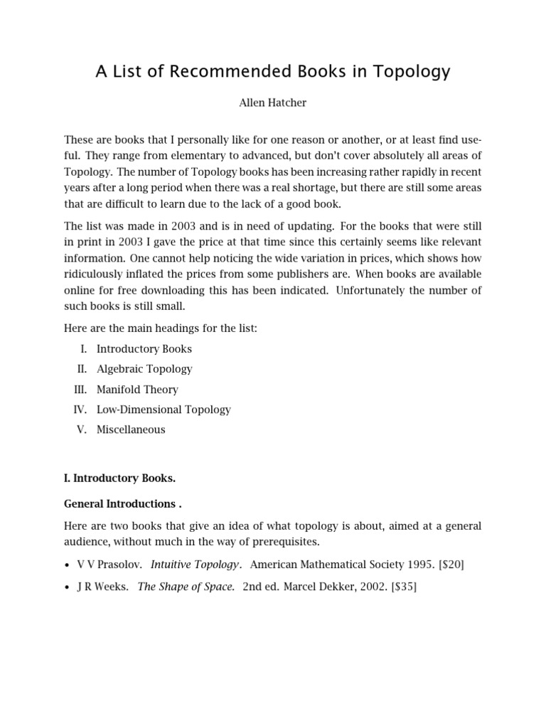 Topology Books - Allen Hatcher | PDF | Topology | Geometry