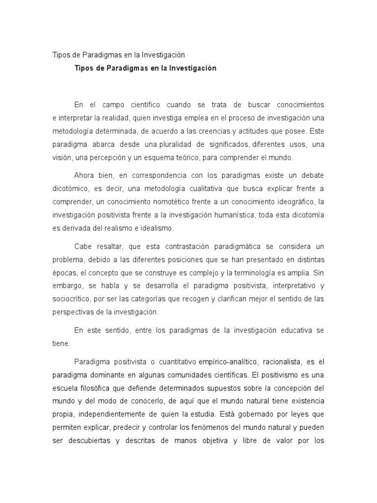 Tipos de Paradigmas en Investigación | PDF | Paradigma | Positivismo