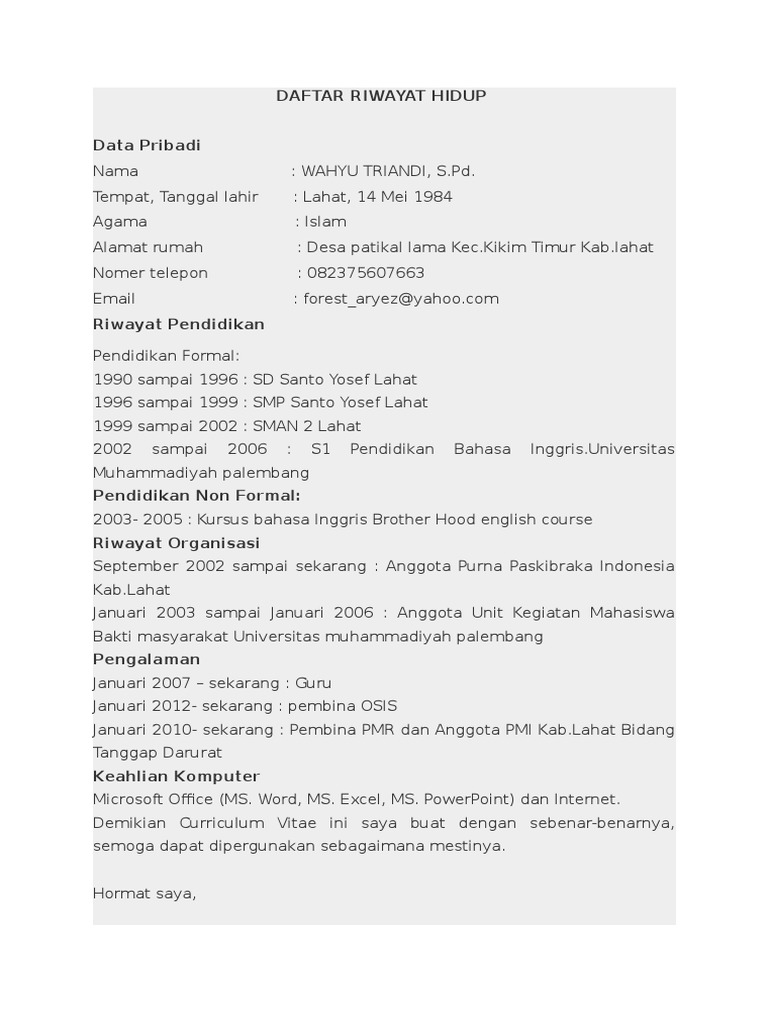 Daftar Riwayat Hidup Wahyu Triandi | PDF