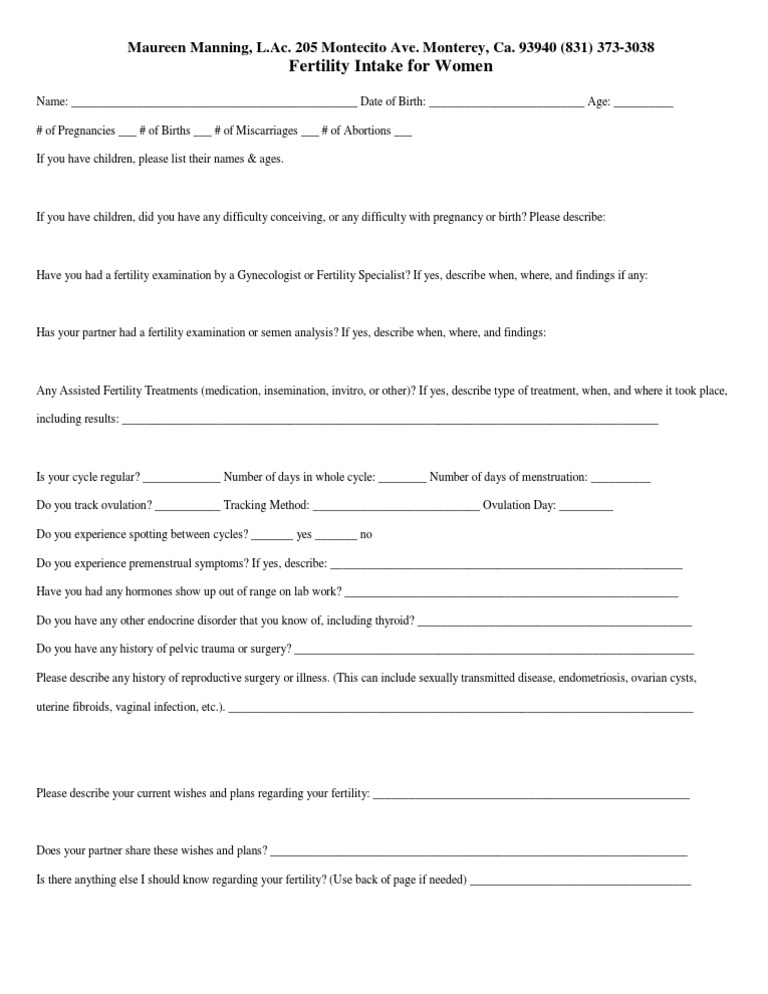 Women's Fertility Intake Form | PDF