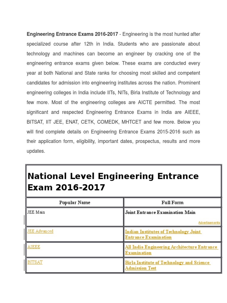 Engineering Entrance Exams 2016 University And College Admission