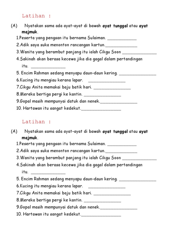 Ayat Majmuk Ayat Tunggal Latihan Pdf
