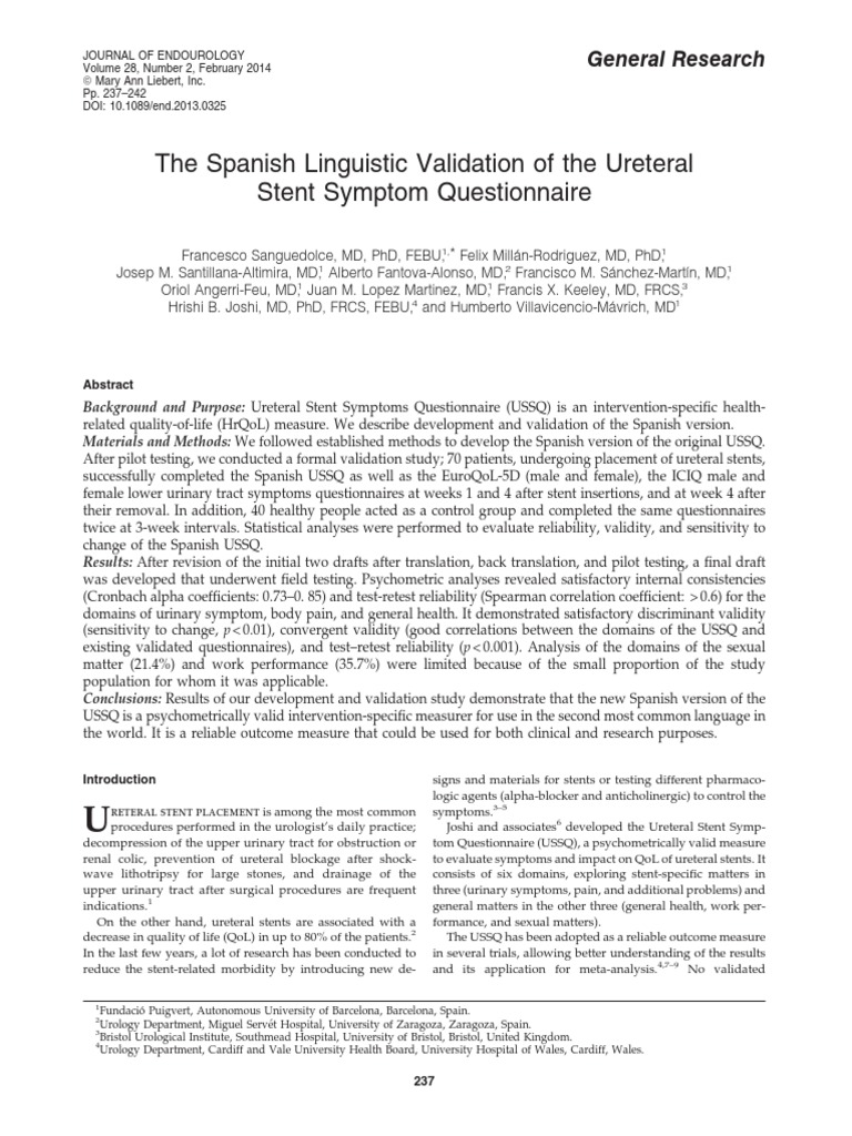 Ureteral Stent Sympton Questionnaire (Spanish) PDF Urinary Incontinence Correlation And