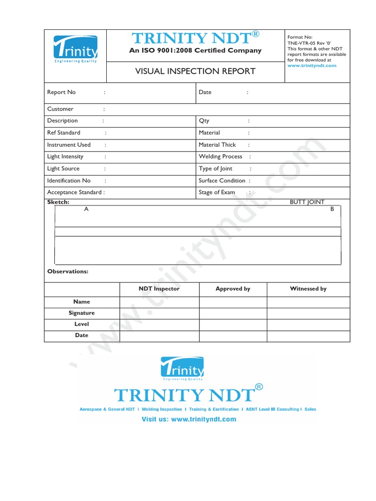 Weld Visual Inspection NDT Sample Test Report Format PDF