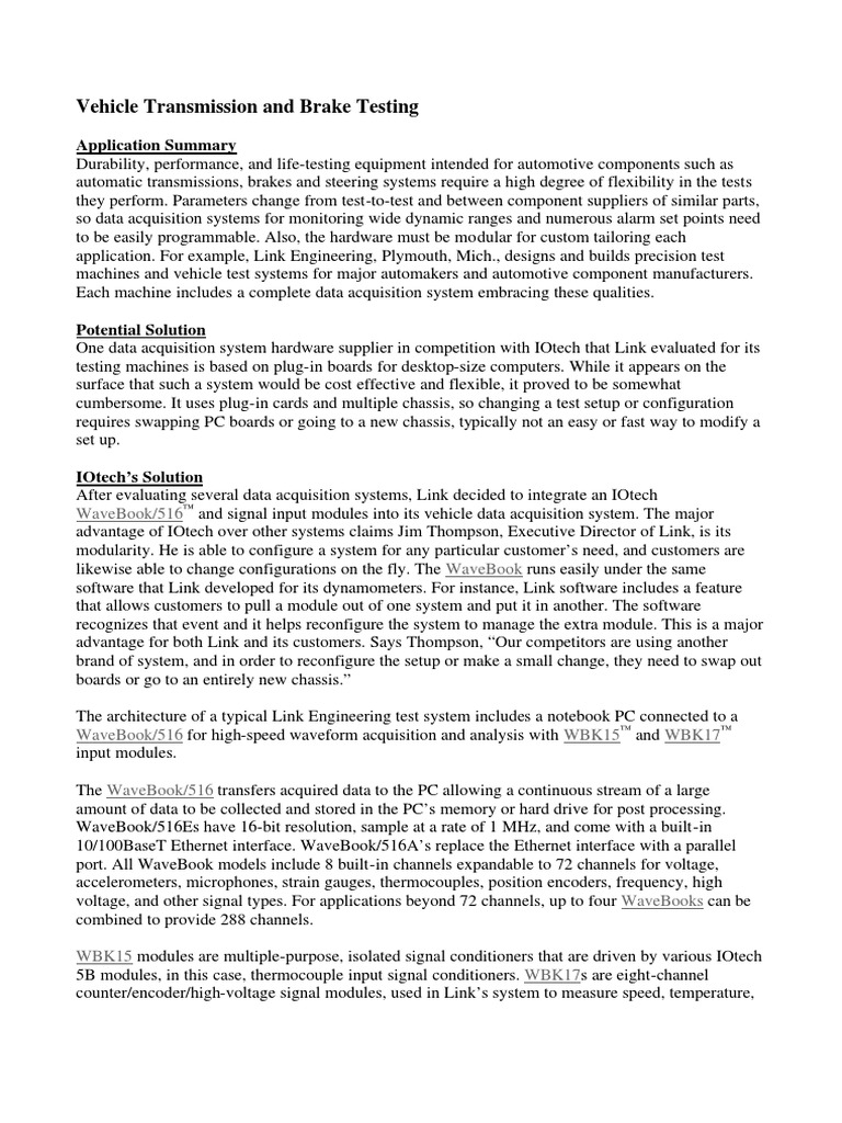 Vehicle Transmission and Brake Testing | PDF | Data Acquisition ...