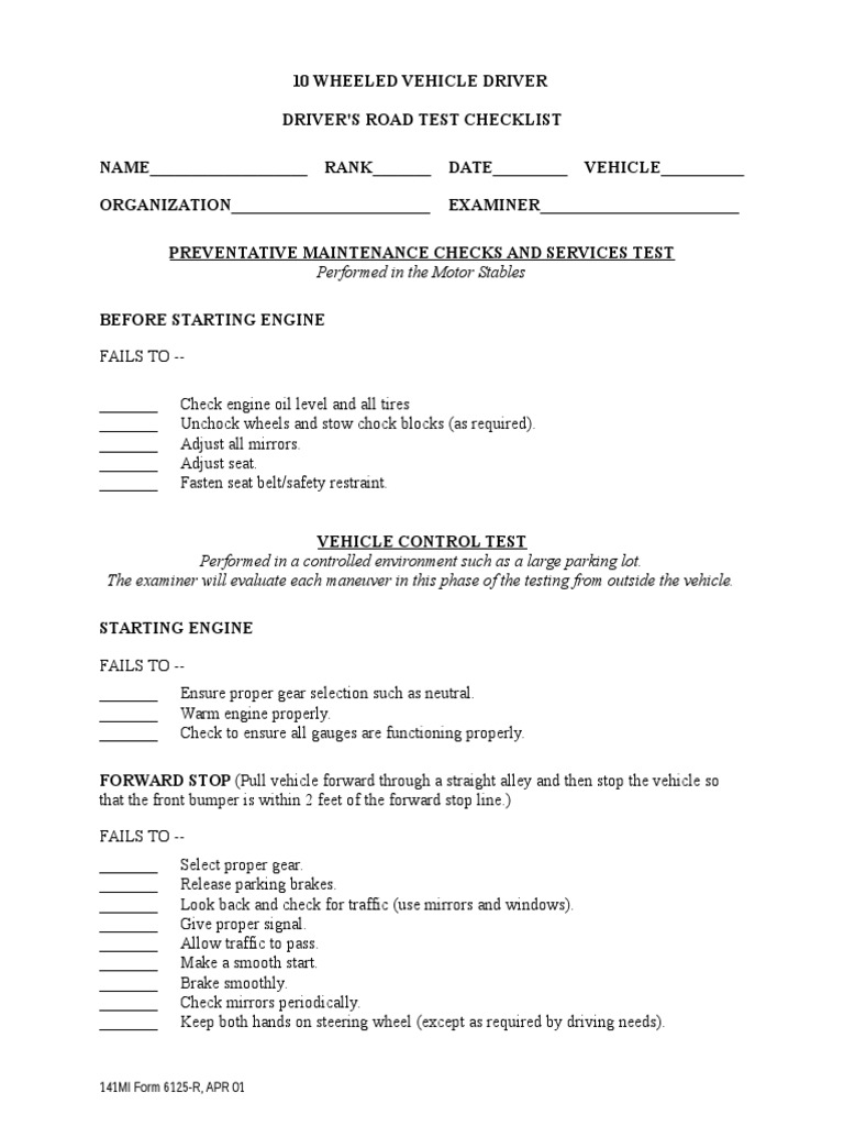 10-Wheeled Vehicle Driver's Test Checklist | PDF | Traffic | Vehicles