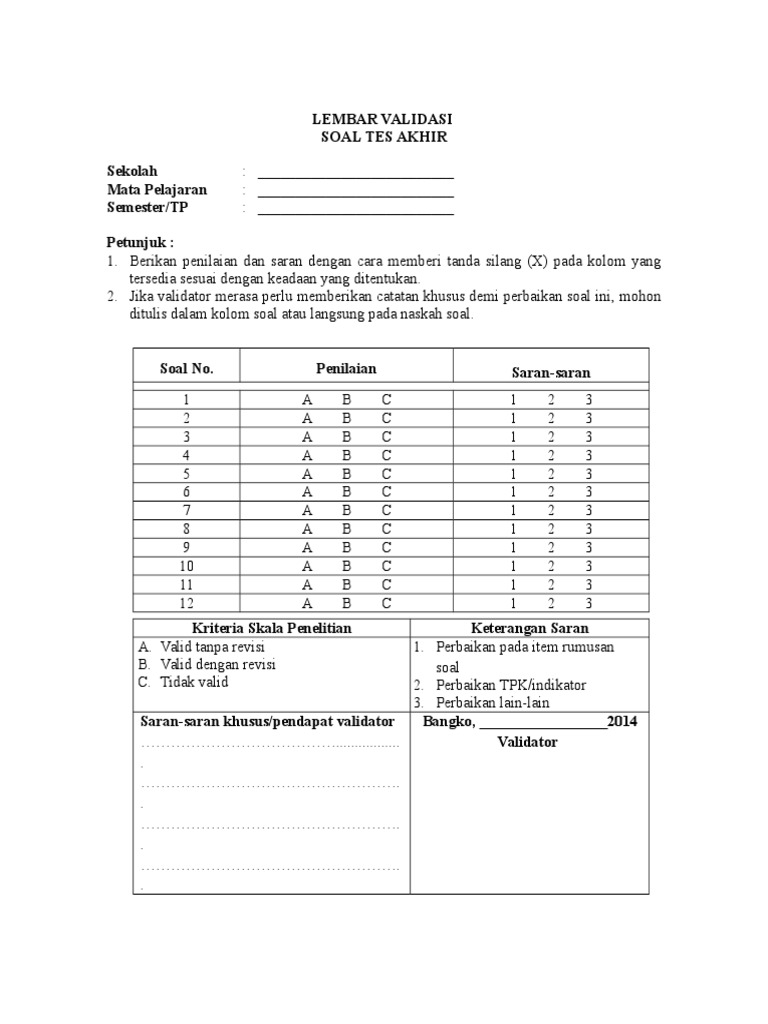Lembar Validasi Soal Tes