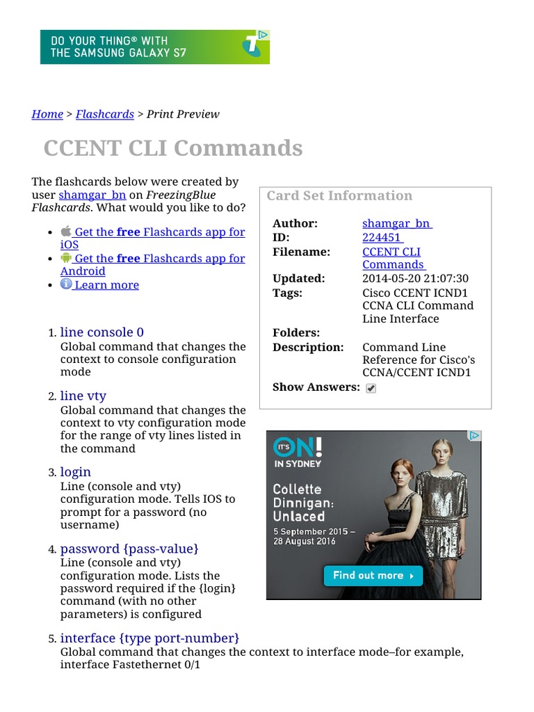 Flashcards - CCENT CLI Commands PDF | PDF | Command Line Interface | Ip ...