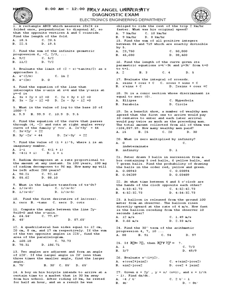 Math Diagnostic Exam | PDF | Fraction (Mathematics) | Triangle
