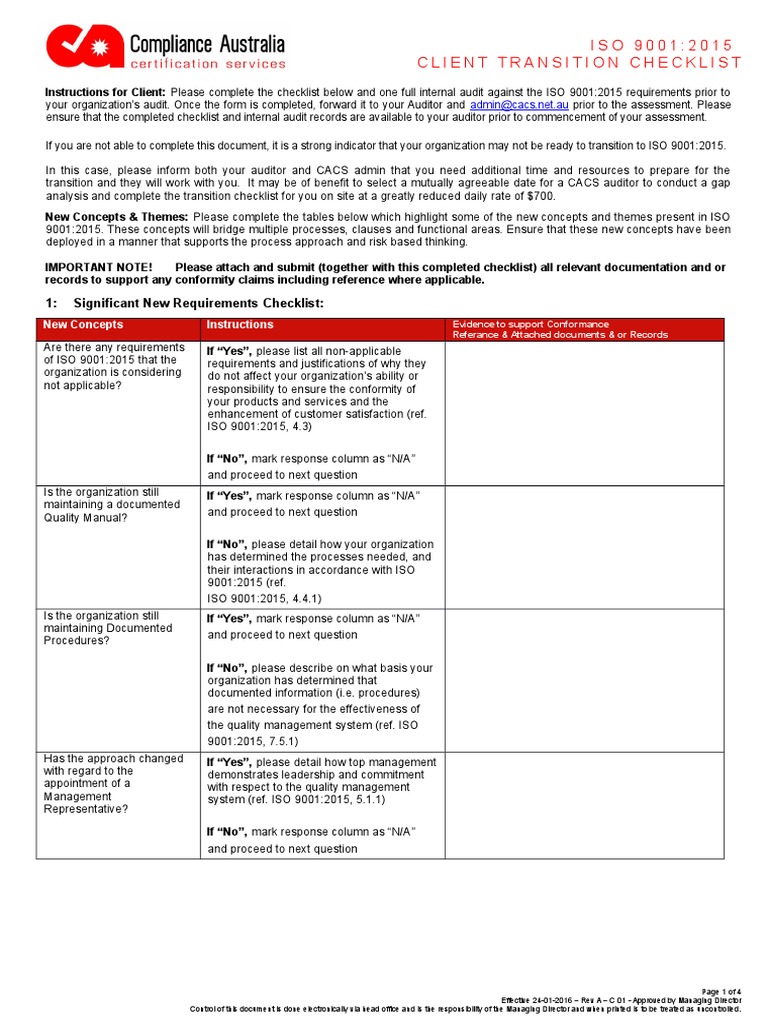 ISO 9001:2015 Client Transition Checklist | PDF | Iso 9000 | Quality ...
