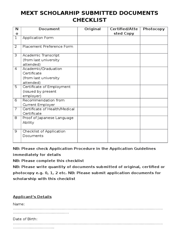 MEXT Scholarship Document Checklist | PDF