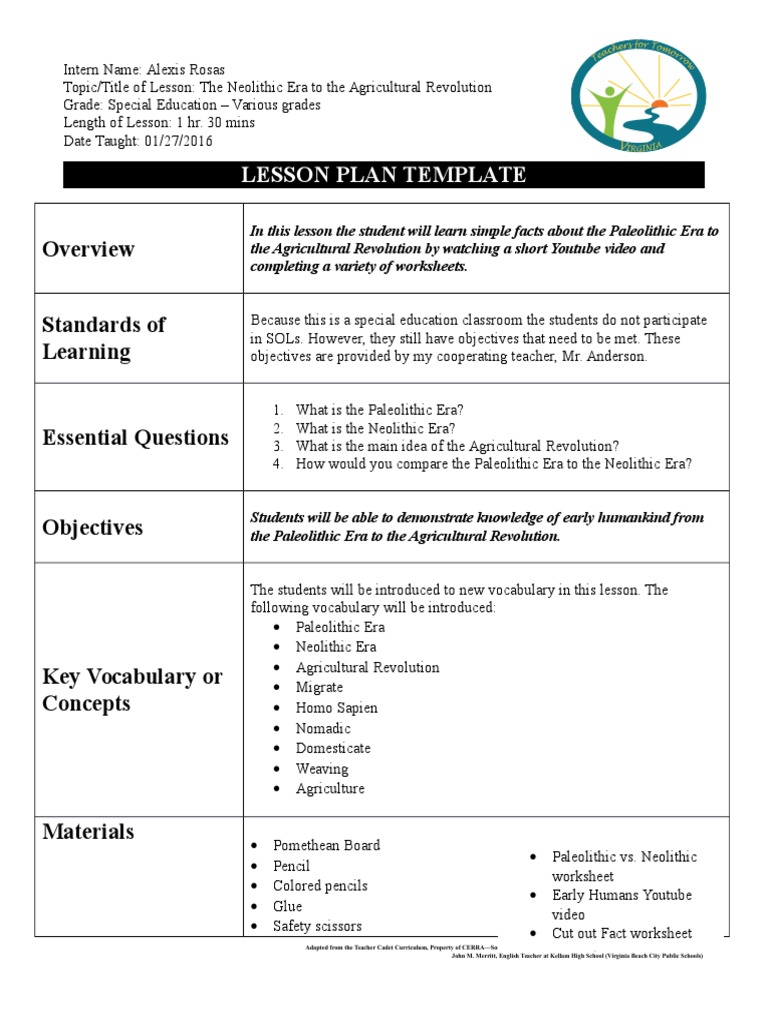 Lesson Plan Early Humans Paleolithic Lesson Plan