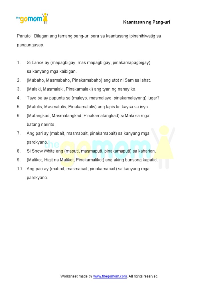 Kaantasan Ng Pang Uri 6 Worksheets