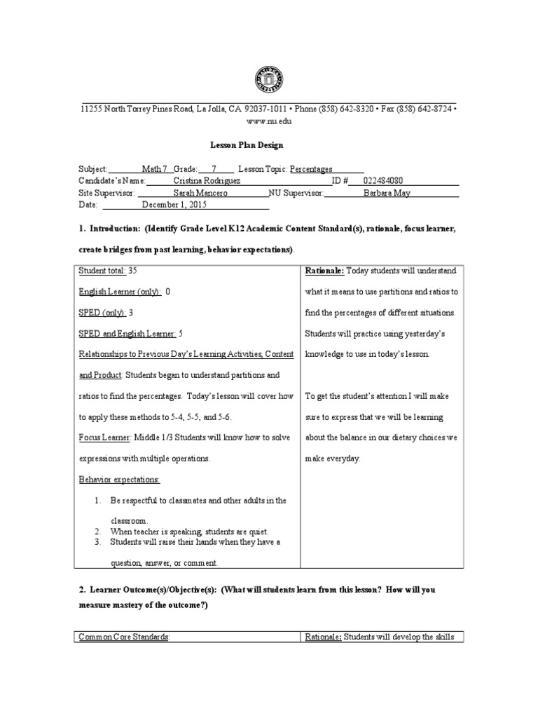 University Lesson Plan: Percentages | PDF | Educational Assessment ...