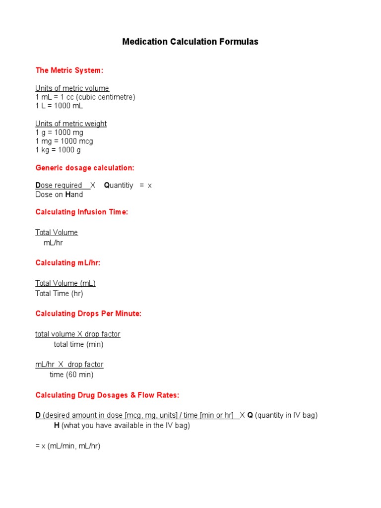 Medication Calculation Commonly Used Formulas Litre Dose Biochemistry