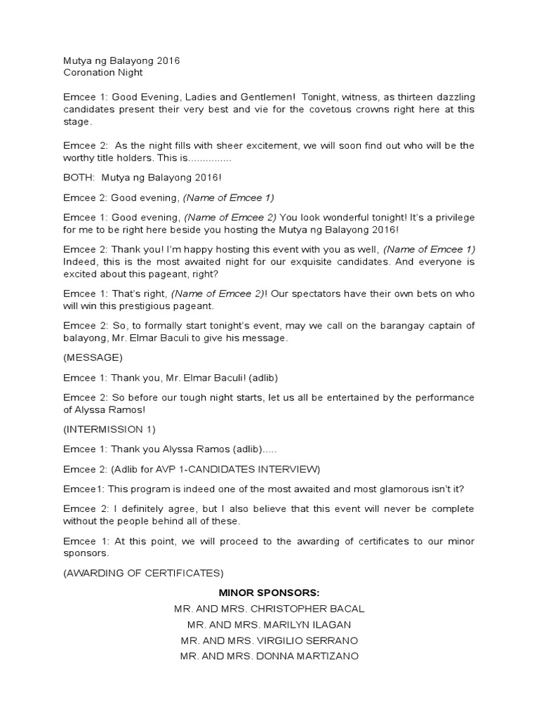Pageant Script PDF Entertainment Leisure