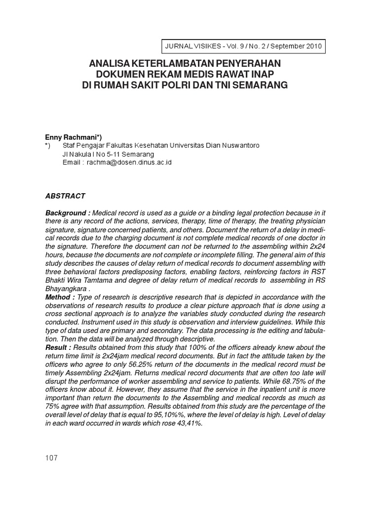 Analisa Keterlambatan Penyerahan Dokumen  Rekam  Medis  Rawat  