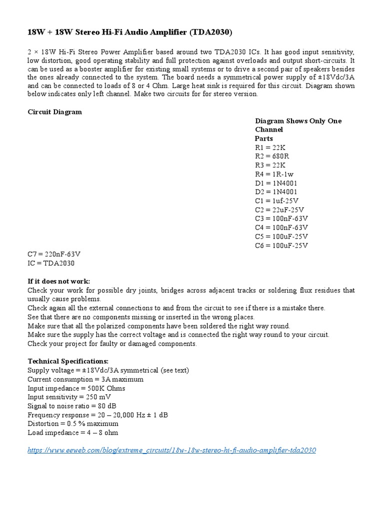 18W + 18W Stereo Hi-Fi Audio Amplifier (TDA2030) : Circuit Diagram