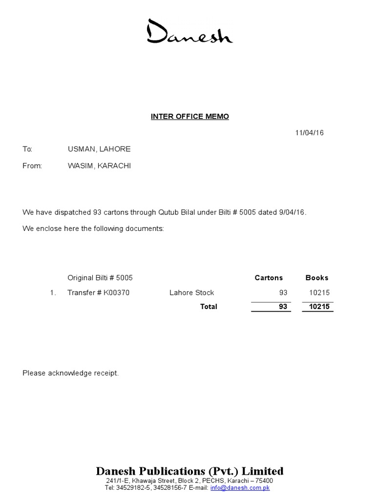Dispatch Confirmation Memo: 93 Cartons | PDF