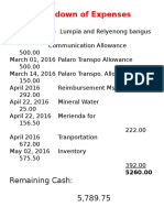 Breakdown of Expenses: Remaining Cash: 5,789.75