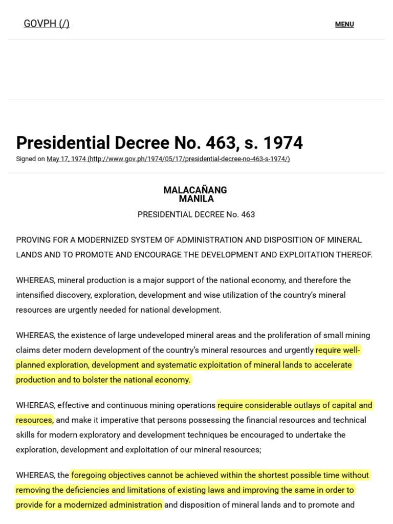 Presidential Decree No. 463 Mineral Rights Lease