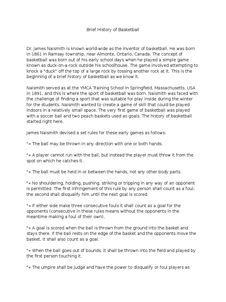Brief History of Basketball Assignment PDF