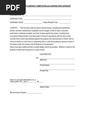 Certificate of Contract Completion and Contractor Affidavit