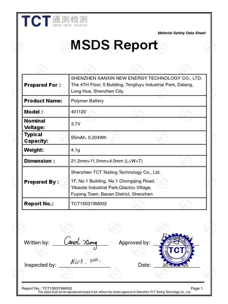 Polymer Battery MSDS Report TCT150319M002 | PDF