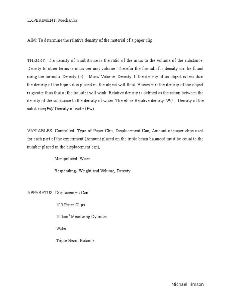Relative Density of A Paper Clip PDF Density Volume