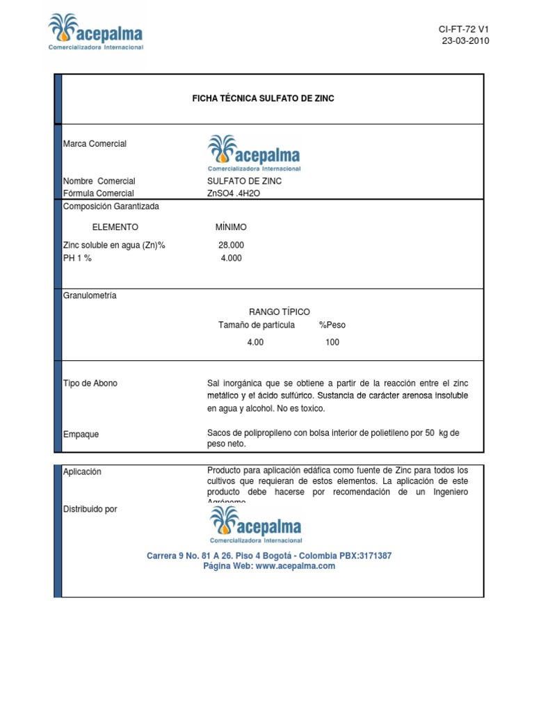 Ficha Tecnica Sulfato de Zinc