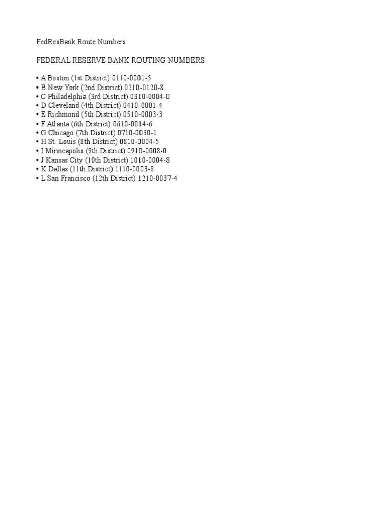 Federal Reserve Bank Routing Numbers | PDF | Federal Reserve Banks ...