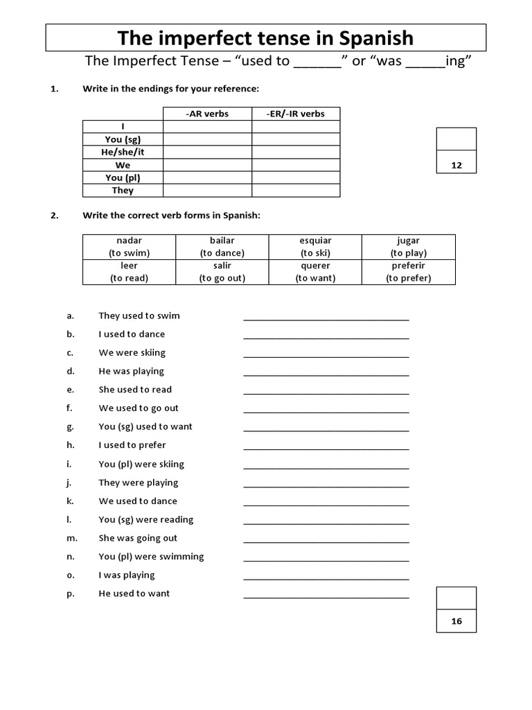 Imperfect Tense Practice Worksheet French