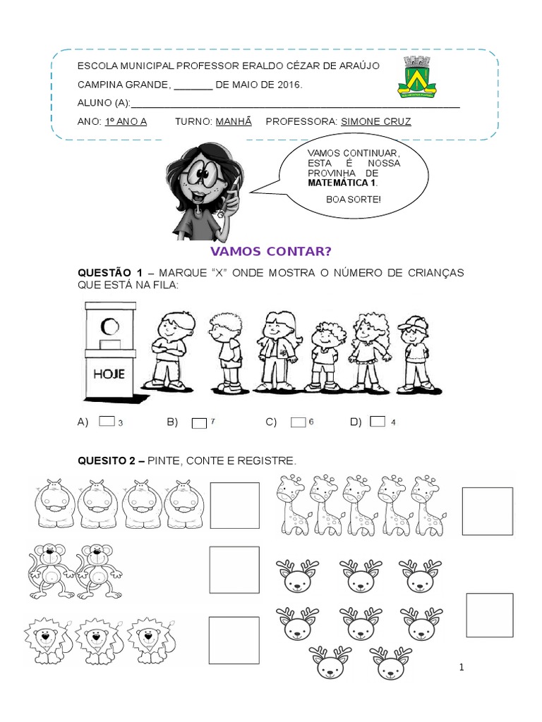 Prova de Matemática 1º Ano Fundamental | PDF | Números | Ensino de ...