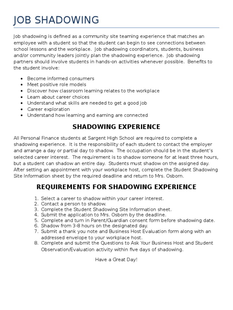 Job Shadowing | PDF | Employment | Education Theory