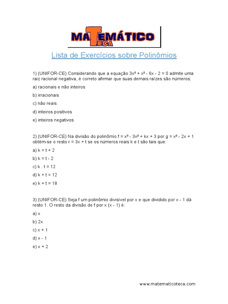 Lista de Exercício Sobre Polinômios | PDF