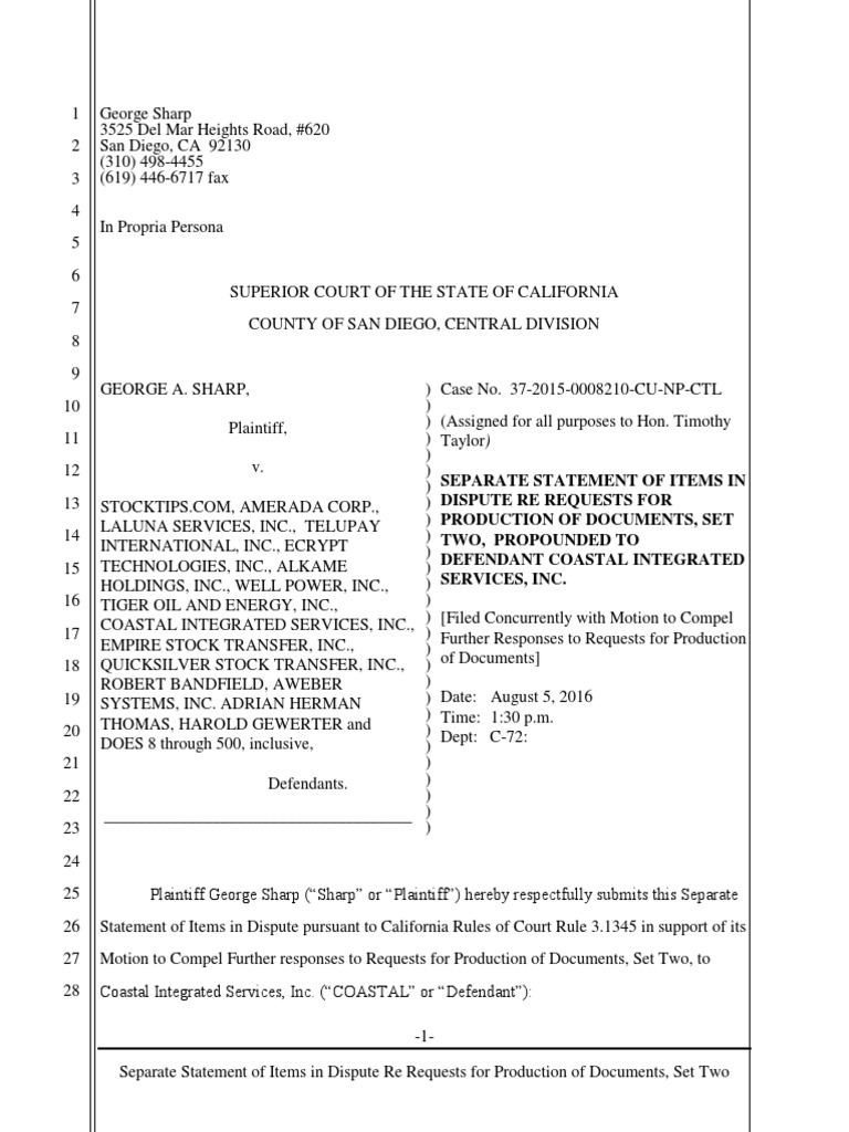 Separate Statements in Support of Motion to Compel COLV's Production of