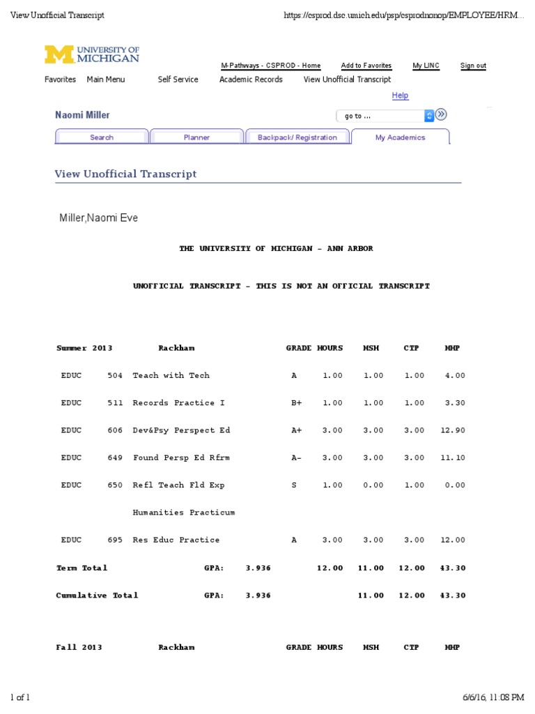 Unofficial Transcript | PDF | Career & Growth