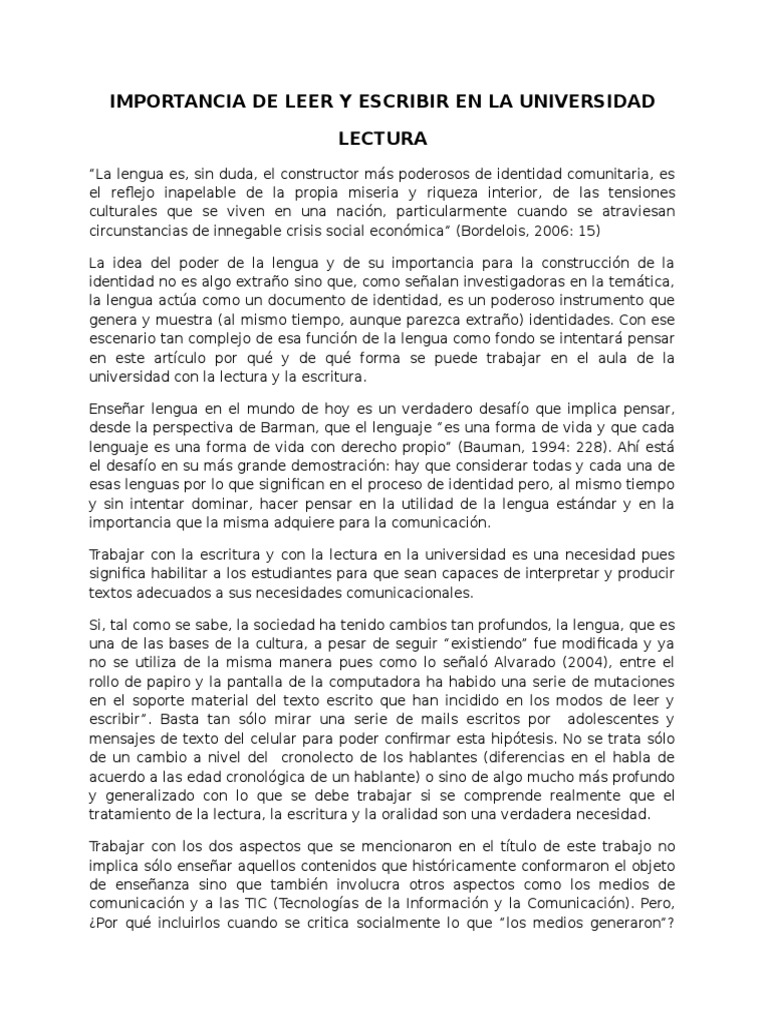 Importancia de leer y escribir en la universidad | PDF | Lectura ...