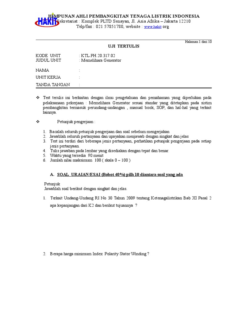 Ktl Ph 20 317 02 Memelihara Generator Soal