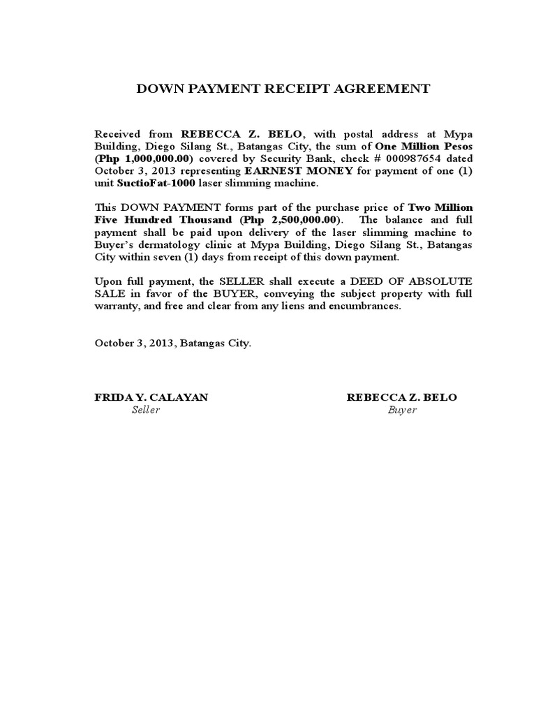 Down Payment Receipt Agreement Payments Receipt