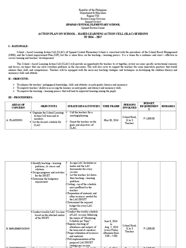 Action Plan in School Lesson Plan Teachers