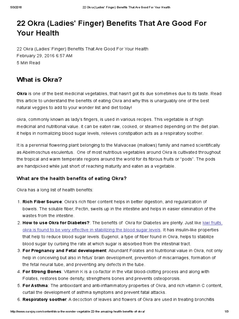 22 Okra (Ladies' Finger) Benefits That Are Good For Your Health PDF